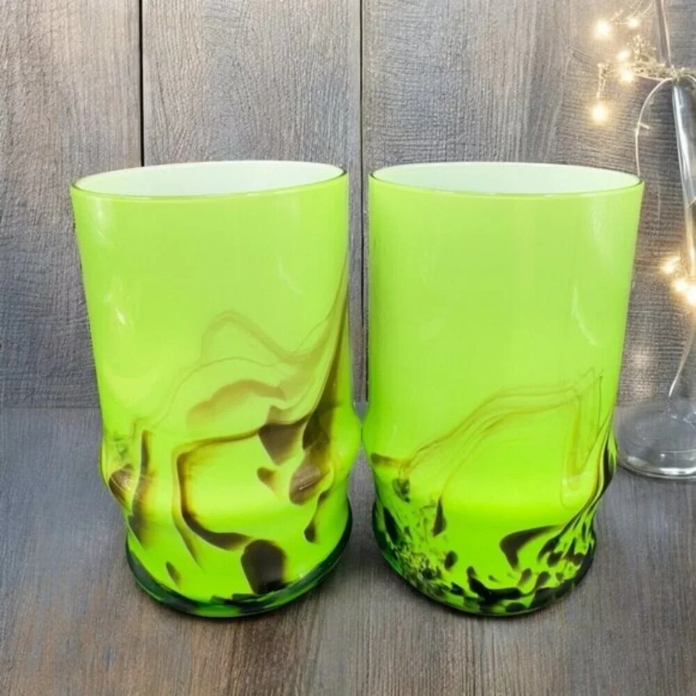 Vintage Bohemian Tumbler Glasses Set 2 Cases Green Black Swirls Glasses Cups VTG